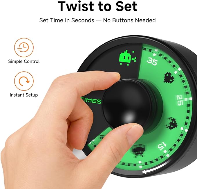 60-Minute Visual Timer, Twist to Set, Loud Battery-Powered Alarm, Minimalist Rotary Countdown Dial for Office, Study, Work & Home Time Management (Black)