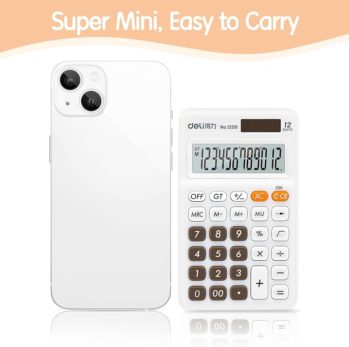Deli Standard Function Basic Calculator, 12 Digit Desktop Calculator with Large LCD Display, Solar Battery Dual Power Office Calculators, White