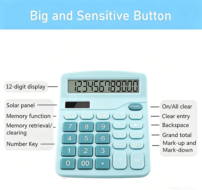Desk Calculator for Home Office School, Desktop Calculators with Large 12-Digit Display for Kids Seniors Adults, Compact Basic Calculator for Daily Calculation (Blue)