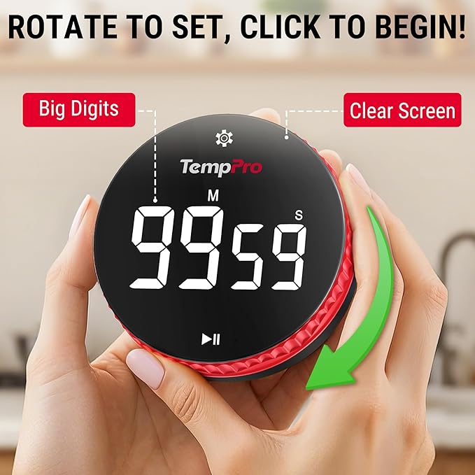 TempPro 99-Hour Digital Kitchen Timer with Strong Magnetic & Stable Stand, Classroom Timers with 3-Volume-Level, Stopwatch with Large LED Display, Digital Timers for Classroom(Previously ThermoPro)
