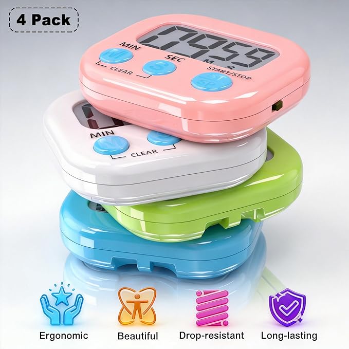 Antonki 4 Pack Digital Timer for Kids, Kitchen Timer for Cooking, Classroom, Study, Exercise with Countdown/Up Mode - Loud Alarm, Large Display - AAA Battery Operated (Not Included)