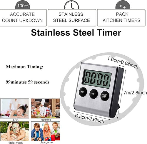 4 Pack Digital Kitchen Timer Magnet, Stainless Steel Cooking Timers with Alarm. Magnetic Countdown Timer for Kitchen Cooking, Baking,Sports Games (AAA Battery Included)